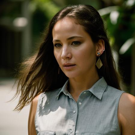 Realistic photo of a beautiful j3nn1f3rl-v2 woman, 1girl, solo, long hair, looking at viewer, brown hair, shirt, jewelry, earrings, sleeveless, belt, blurry, lips, grey eyes, blurry background, realistic, soft lighting, professional Photography, Photorealistic, detailed, RAW, analog, sharp focus, 8k, HD, DSLR, high quality, Fujifilm XT3, film grain, award winning, masterpiece<lora:j3nn1f3rl-v2:1.0>