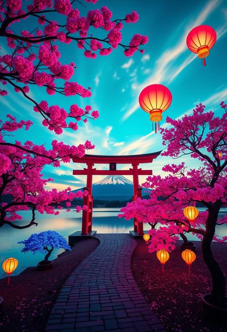 A surreal Japanese landscape photograph, at twilight, vibrant cherry blossom trees with glowing neon pink petals, their branches stretching across a turquoise sky streaked with golden clouds. A winding cobblestone path leads to a traditional torii gate that seems to float above a mirror-like lake reflecting the psychedelic sky. Bonsai trees with leaves in impossible colors of electric blue and vivid purple dot the shoreline. In the distance, Mount Fuji looms, its snow-capped peak shimmering with iridescent hues. Glowing paper lanterns in shapes of mythical creatures drift lazily through the air. The scene is bathed in an otherworldly light, blending traditional Japanese elements with a dreamlike, hyper-colorful aesthetic. Highly detailed, ultra high resolution, studio quality lighting, cinematic composition.