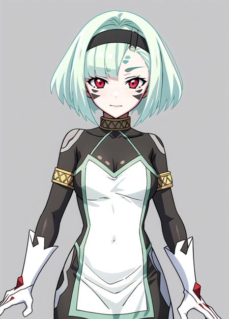 Koko Zenibako, white hand color, dress, black skin color,  1girl, solo, short hair, looking at viewer, red eyes, green hair, facial mark, hairband, single horn, breasts, aqua hair,  <lora:Koko Zenibako20r61r61rcorrected-000006:0.6>