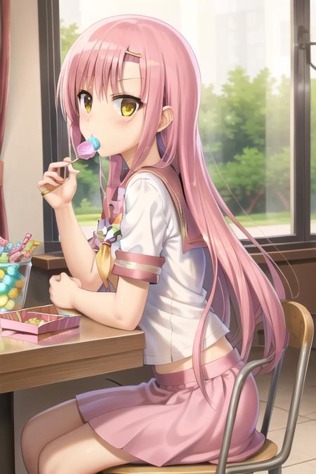 masterpiece, best quality, hinagiku katsura, hakuoua, hair between eyes, hair ornament, hairclip, long hair, pink hair, serafuku, solo, very long hair, yellow eyes, pink skirt, pink serakufu, candy, cafeteria,  eating candy,  <lora:HinagikuV2:0.7>