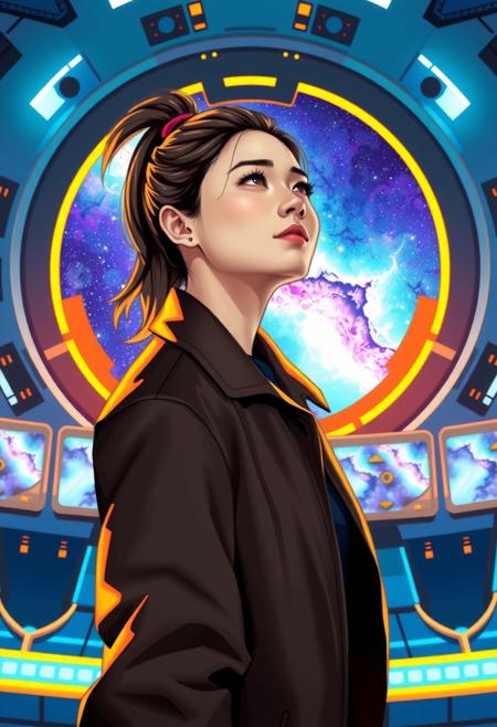 The image shows a young woman standing in a futuristic space station. She is wearing a brown jacket with a futuristic design on it and has her hair tied up in a high ponytail. The woman is looking up towards the sky with a thoughtful expression on her face. In the background, there is a large circular window with a blue and purple nebula-like pattern. The window is surrounded by orange and blue lights, and there are several screens on either side of the window. The overall mood of the image is calm and contemplative.

In the style of kilian eng,  vibrant colours, Hyper detailed, realisic digital painting, illustration, neo surrealism, chris saunders. neon outline, dmt trip. Detailed ink lines.