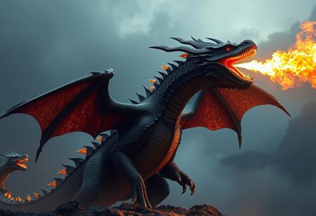 realistic photo of enormous, vicious-looking dragon. rearing onto their hind legs, roaring and snorting, torrents of fire were shooting into the dark sky from their
open, fanged mouths and elongate wings trying to fly,  4k, ultra details, smooth texture, sharp focus