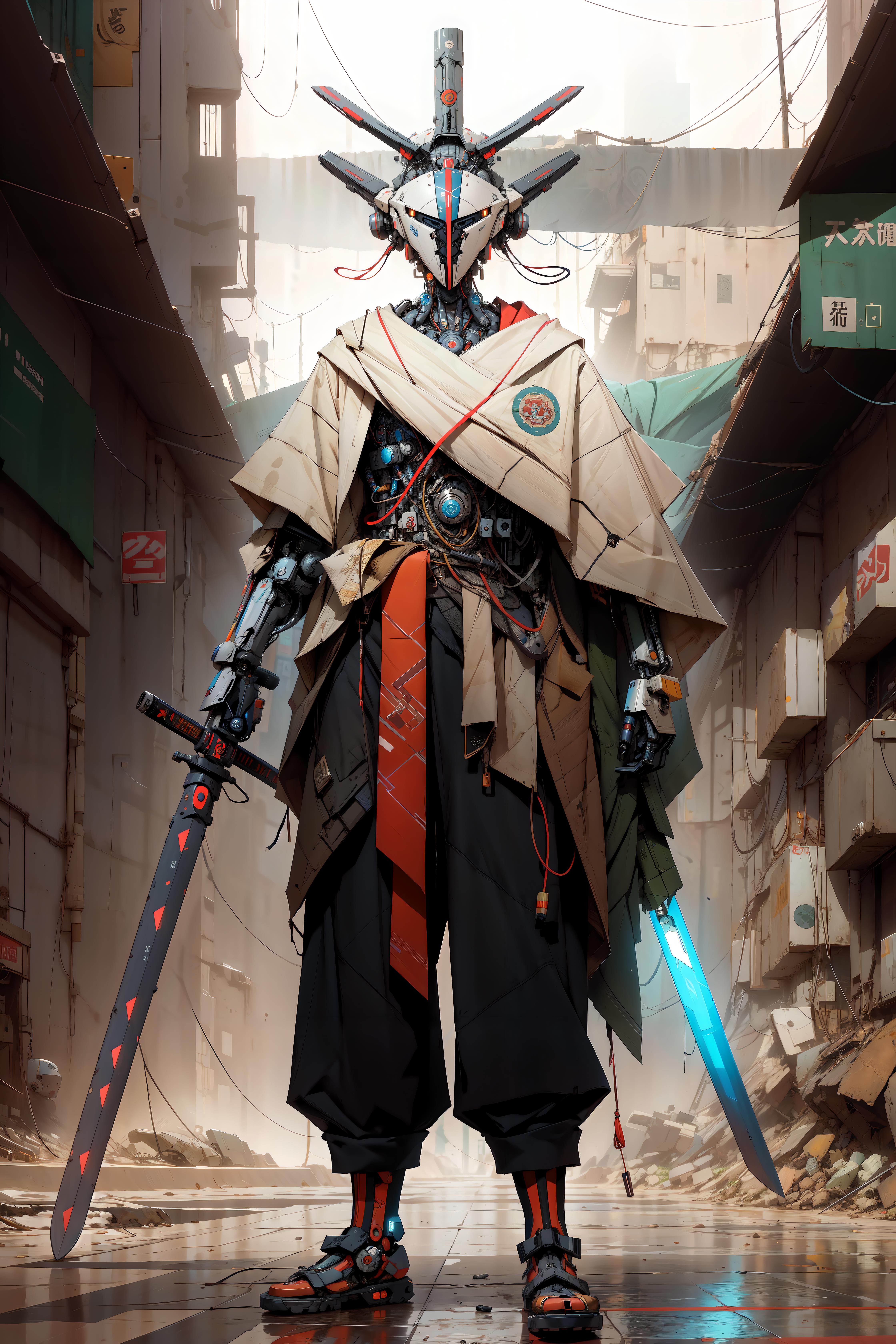 A robot with a sword and scissors on its back, standing in a city with buildings.