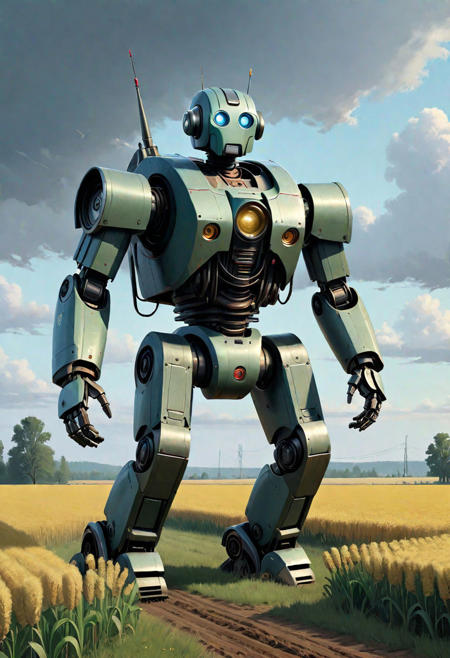 hyper detailed masterpiece, dynamic, awesome quality, robot in a field,  fantastical realism, Simon Stlenhag Style