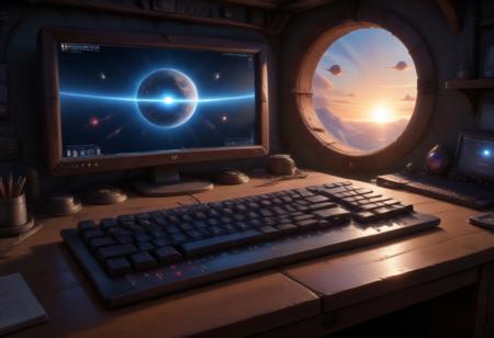 (Isekai anime style,manga,animw,best quality,,up_8,up_9,8k,master_class,masterpiece,real good,totally awesome.vibrant colors,perfect beautiful early morning light)l. The space ship's computer (with keyboard).