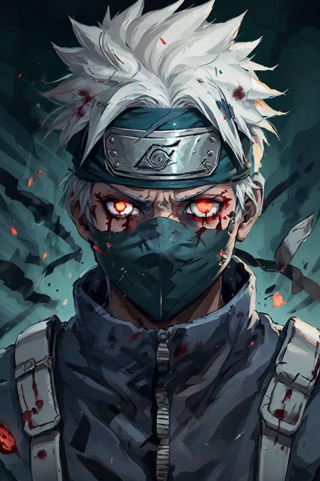 kakashi, 1boy, solo, male focus, glowing, red eyes, heterochromia, looking at viewer, glowing eye, blood, scar, ninja, glowing eyes, blood on face, scar on face