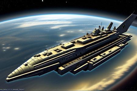 a space pirate battleship among the ruins of an advanced, futuristic city