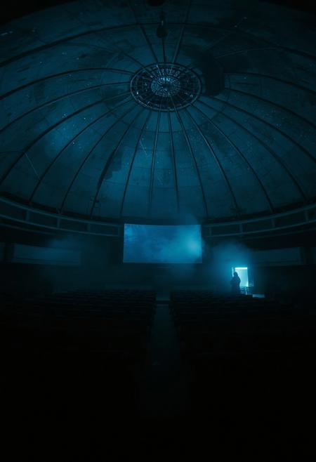 Inside a dusty, forgotten planetarium — bathed in dark blue light from an old projector. Star maps flicker across domed ceilings through the mist. Rows of empty seats dissolve into shadow. A slow circular dolly reveals faded constellations dancing across fog. Surreal and still. Film grain, dream logic, One Heart composition