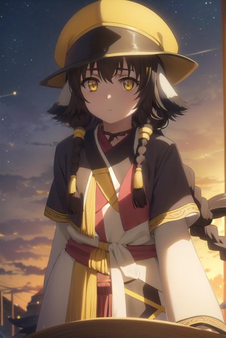 anju, long hair, brown hair, black hair, animal ears, hair between eyes, (yellow eyes:1.5), braid, twin braids, hat, robe, long sleeves, 