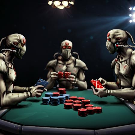 pfhorfighter, group of humanoids playing poker, epic background, 35mm photograph, film, bokeh, professional, 4k, highly detailed, photorealistic film <lora:MarathonMonsters:0.95>