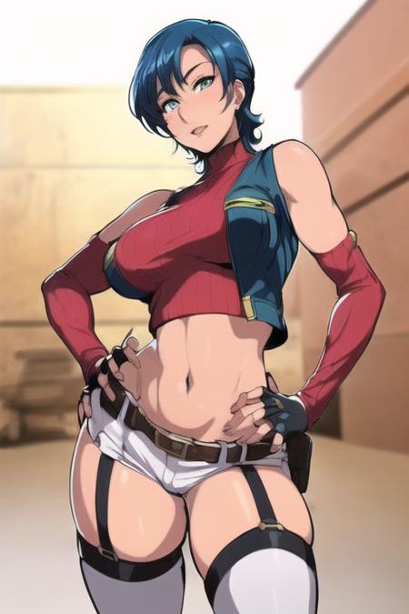 (1girls:1.4), (((solo,
blue hair, gloves, midriff, fingerless gloves, short hair, thighhighs, navel, hand on hip, holster, garter straps, (black knee high boots),black vest,  showing thighs,  red sweater showing shoulders,<lora:Carmen99_TV1:0.6>
)))
(((mature and milf))),  wide hip,
((from below)),((from back)),
(((sticker with white border))),  (((basic white background))),((solo)), (dynamic pose:0.9), photorealistic, (hyperrealistic:1.2), beautiful, masterpiece, best quality, extremely detailed face, perfect lighting,  nsfw,   glowing,   perfect eyes, large eyes, curly eyelashes,  (exited face:1.1) , ((perfect face)),  (((horny))), ((perfect hands)), (perfect hands),