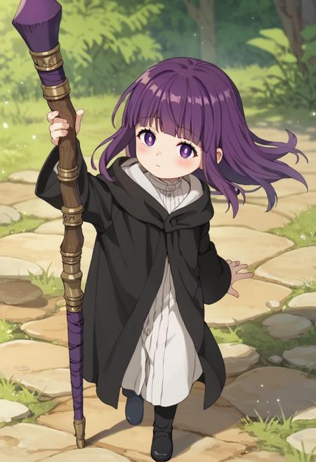 fern-small, fern \(sousou no frieren \),purple eyes,purple hair,short hair,hair ribbon,red ribbon,black robe,hooded robe,black footwear fern-small, fern \(sousou no frieren \),purple eyes,purple hair,long hair,white dress,sundress,bare shoulders