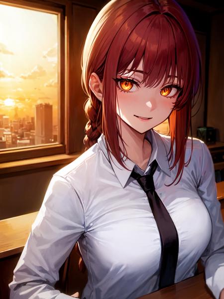 makima \(chainsaw man\), best quality, ultra detailed, 1girl, solo, red hair, long braided hair, golden eyes, bangs, medium breasts, white shirt, necktie, stare, smile, (evil:1.2), looking at viewer, (interview:1.3), desk, sunset, warm lighting, large window