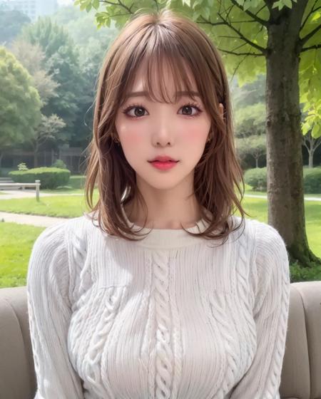 pureerosface_v1:0.3, best quality, photorealistic, 8k, high res, full color, 1girl, woman, 20 years old woman, closed mouth, (skindentation), (portrait:0.6), trees, park bench, daylight, ((park background:1.52)), full color, ((necksweater:1.68)), looking at viewer:1.8, (1girl eyes looking at viewer:1.55), (medium-length hair, brownhair, partedbangs:1.45), (bokeh), <lora:AAV-konan:0.65>