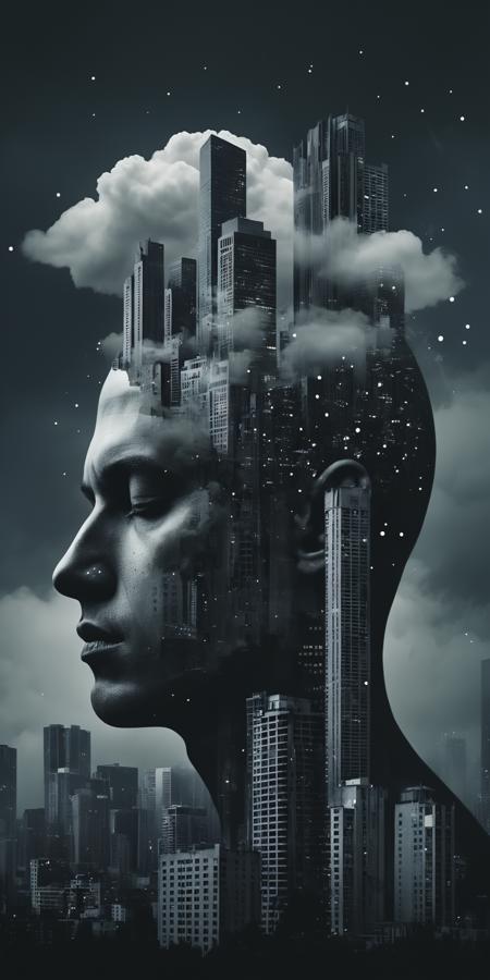 A surreal dream-like image of a human head with skyscrapers and buildings growing out of it. A double-exposure style. The buildings made in brutalist style in various shades of grey and black. There are floating clouds and stars in the sky. The background is a moody darkness field. The overall image has a dark dream color palette. Dystopian atmosphere, retro-futuristic, masterpiece.