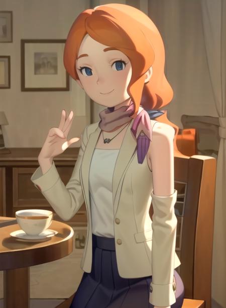 best quality, (masterpiece),(ultra-detailed), (high quality), (high resolution), <lora:clairef-10:0.85>,1girl,orange hair, chair, claire foley, hairclip, indoors, jacket, jewelry, long hair, necklace, scarf, skirt, sleeveless, smile, upper body, variations, braid, hair over shoulder,