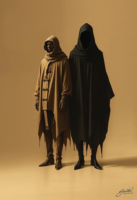 A surreal minimalist artwork in natural earth tones using contrasting chiaroscuro lighting.  The image features enigmatic figures in a dreamlike abstraction with subtle yet powerful contrasts. Muted browns and beiges create a haunting atmosphere and psychological depth through simplified yet expressive forms.