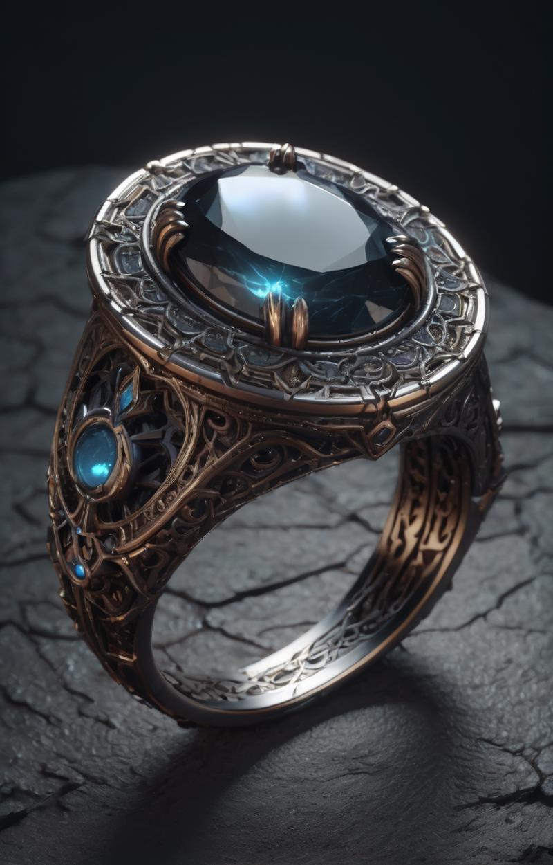 A Beautiful Blue Clock Face Ring with Gold and Silver Accents.