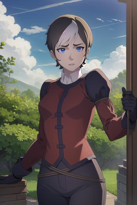 cassandraderolo, <lora:cassandra de rolo-lora-nochekaiser:1>,
cassandra de rolo, short hair, blue eyes, black hair, white hair, multicolored hair, two-tone hair,
BREAK gloves, black gloves, pants, puffy sleeves, long sleeves, shirt, red shirt, high collar,
BREAK outdoors, forest, nature, grass, trees, sun, sky, clouds,
BREAK looking at viewer, (cowboy shot:1.5),
BREAK <lyco:GoodHands-beta2:1>, (masterpiece:1.2), best quality, high resolution, unity 8k wallpaper, (illustration:0.8), (beautiful detailed eyes:1.6), extremely detailed face, perfect lighting, extremely detailed CG, (perfect hands, perfect anatomy),