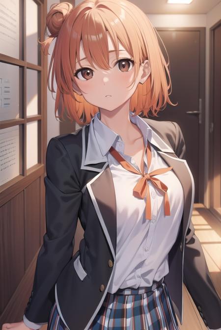 yuiyuigahama, <lora:yuiyuigahama:1>, yuigahama yui, short hair, (brown eyes:1.5), (orange hair:1.2), hair bun, single hair bun, 
BREAK skirt, shirt, ribbon, school uniform, jacket, white shirt, black jacket, blazer, sobu high school uniform, 
BREAK indoors, school, 
BREAK looking at viewer, 
BREAK <lyco:GoodHands-beta2:1>, (masterpiece:1.2), best quality, high resolution, unity 8k wallpaper, (illustration:0.8), (beautiful detailed eyes:1.6), extremely detailed face, perfect lighting, extremely detailed CG, (perfect hands, perfect anatomy),