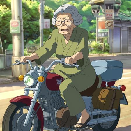 (anime screencap in mnst artstyle:1.3) of an old woman on a motorcycle, hd, 4k, high-quality