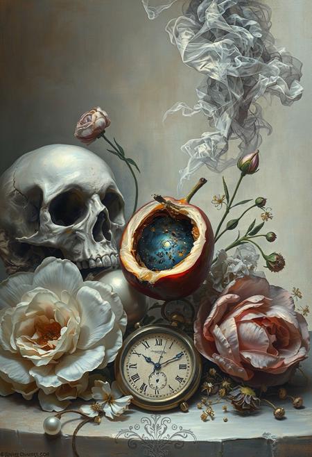 A classical vanitas composition with a skull, timepiece, and decaying flowers, yet infused with fantastical elements—pearls that emit a soft light, a half-eaten fruit revealing a tiny celestial galaxy within, and smoke rising in delicate, swirling patterns.
symbolist painting, romantic impressionism, soft muted pastels, luminous figures, ethereal atmosphere, poetic allegory, delicate brushwork, timeless beauty, dreamlike composition, classical elegance, fresco-like textures, harmonious balance, expressive portraits, vast serene landscapes, soft diffused lighting