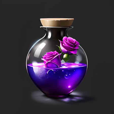 (masterpiece, top quality, best quality, official art, beautiful and aesthetic:1.2),(8k, best quality, masterpiece:1.2),CGgameiconV, no humans, heart, rose, flower, purple flower, purple rose, black background, still life, simple background, pink rose, pink flower, glass, liquid, pink, blttle,<lora:CGgameiconV:1>,