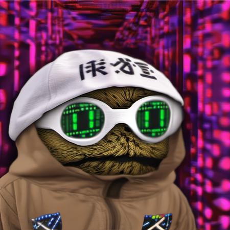 Lasogette themed sock puppet,<lora:LasogetteXL_v1:0.9>,revolutionary cyber cult attire, hacker, karmic grid, esoteric, incredible background