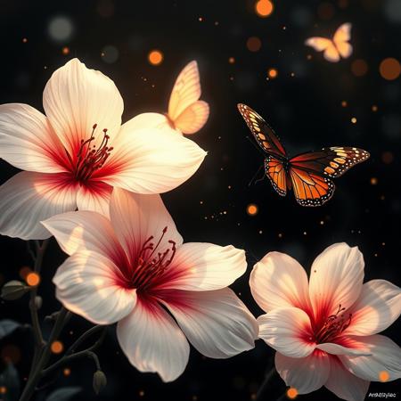 ArsMJStyle, impressionism, Ukiyo-e, A surreal and painterly composition featuring **radiant white flowers** and **dark ethereal butterflies** against a pitch-black background. The flowers exude a sense of purity and holiness. The petals are stained with crimson blood. The butterflies pulse with an otherworldly light, and their wings are traced with intricate patterns.
The atmosphere is enhanced by a dreamy **bokeh effect** that scatters soft glimmers of gold and crimson throughout the composition, creating depth and a sense of quiet wonder. The interplay of **rich white highlights and deep black shadows** evokes an enchanting, almost mystical ambiance. Subtle sparks float in the air, adding a dynamic, surreal quality to the scene.
The overall aesthetic is vivid yet balanced, emphasizing the **contrast between the glowing warmth of the flowers and harshness of the butterflies**. Rendered in **8K ultra-detail**, the textures are hyper-realistic, while the colors glow with an intense vibrancy, embodying an elegant harmony of surreal beauty and luxurious simplicity.