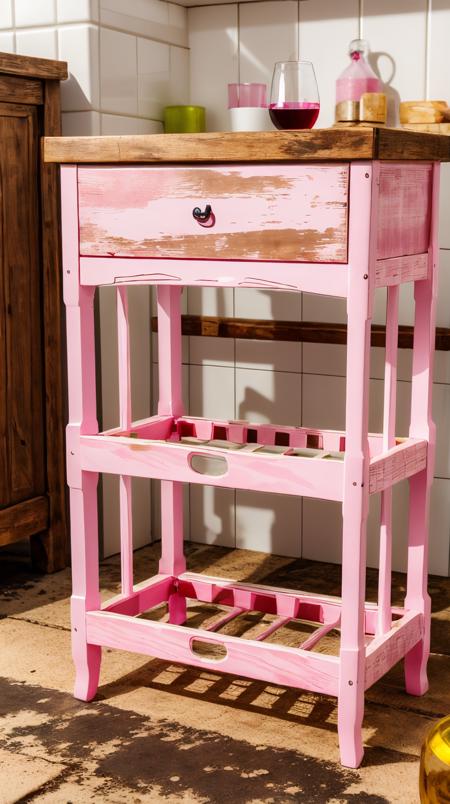 Pink colored <lora:BarbieCore:0.9> BarbieCore rustic wooden wine rack, (shiny plastic:0.8), (pink plastic:0.9), (masterpiece:1.3) RAW photo