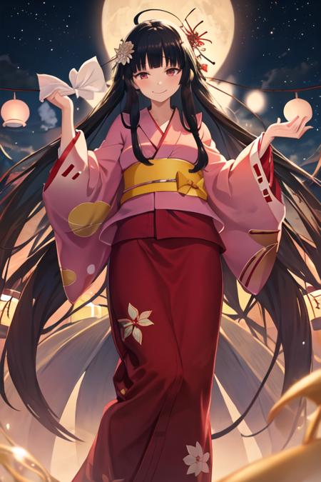 best quality, masterpiece, highres, solo, {yukata:1.40}, {kimono:1.20}, {houraisan_kaguya_touhou:1.15}, long_hair, black_hair, very_long_hair, bow, smile, bangs, red_eyes, brown_eyes