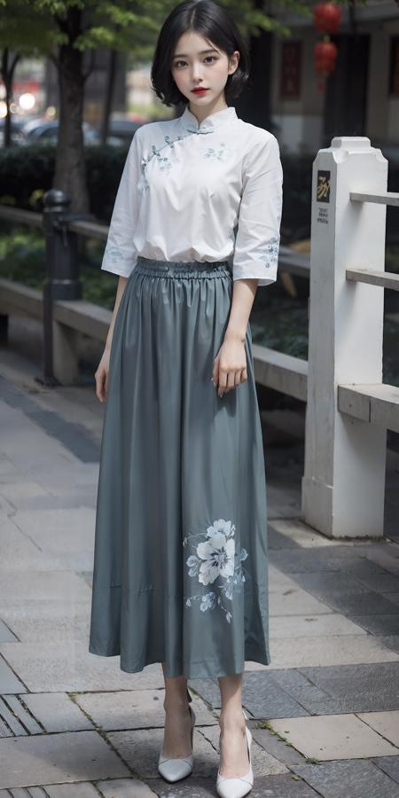 <lora:ChinaDressV2.0:0.7>,(white chinese upshirt:1.2),(floral printed chinese upshirt:1.2),(blue long skirt:1.2),(floral printed long skirt:1.2),1 girl,full body, high heels,(short hair:1.1), (realistic:1.7),((best quality)),absurdres,(ultra high res),(photorealistic:1.6),photorealistic,octane render,(hyperrealistic:1.2), (photorealistic face:1.2), (8k), (4k), (Masterpiece),(realistic skin texture), (illustration, cinematic lighting,wallpaper),( beautiful eyes:1.2),((((perfect face)))),(cute),(standing),(black hair),(short hair),black eyes,red lips, (outdoors), <lora:JapaneseDollLikeness_v15:0.4>