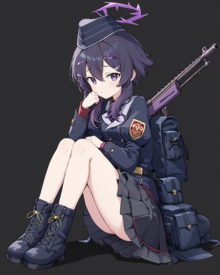 breathtaking,haruka \(blue archive\),1girl, solo, skirt, simple background, hair ornament, long sleeves, hat, holding, sitting, closed mouth, full body, pleated skirt, boots, hairclip, puffy sleeves, black skirt, black footwear, holding weapon, uniform, military, military uniform, halo, juliet sleeves, black background, object hug, garrison cap, shotgun
<lora:Haruka_image189_v1:1> . gorgeous,key visual, vibrant, studio anime,award-winning, professional, highly detailed,high budget, cinemascope