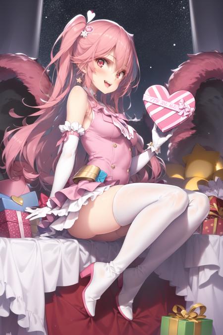 <lora:hongbsws_v2.8:1.0>
1girl, solo, long hair, looking at viewer, blush, smile, open mouth, bangs, skirt, hair ornament, red eyes, thighhighs, gloves, dress, holding, hair between eyes, bare shoulders, full body, :d, heart, boots, detached sleeves, teeth, sleeveless, elbow gloves, white gloves, star (symbol), character name, two side up, english text, head tilt, copyright name, thigh boots, magical girl, white skirt, cross, feathers, box, pink dress, gift, pink shirt, valentine, round teeth, pink footwear, gift box, feather hair ornament, holding gift, pink thighhighs, pink gloves, heart-shaped box, happy valentine, masterpiece, best quality, highly detailed