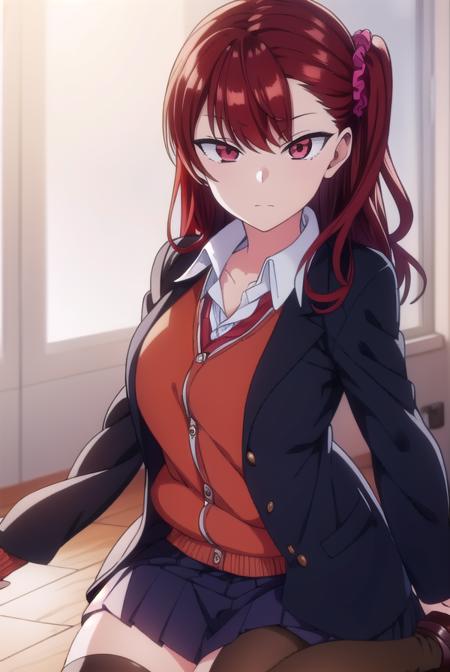 izuminogami, <lyco:izuminogami-lyco-nochekaiser:1>, 
izumi nogami, red hair, one side up, medium hair, scrunchie, (red eyes:1.5),
BREAK skirt, school uniform, pleated skirt, shoes, socks, cardigan, brown cardigan,
BREAK looking at viewer,
BREAK indoors, classroom,
BREAK <lora:GoodHands-vanilla:1>, (masterpiece:1.2), best quality, high resolution, unity 8k wallpaper, (illustration:0.8), (beautiful detailed eyes:1.6), extremely detailed face, perfect lighting, extremely detailed CG, (perfect hands, perfect anatomy),