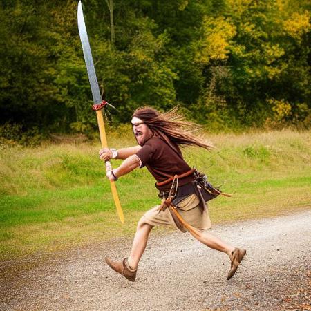 groo_the_wanderer, swords drawn, smiling, running to a fight [realistic, photo, Fujifilm XT3, full body picture:1] <lora:groo_the_wanderer:0.7>