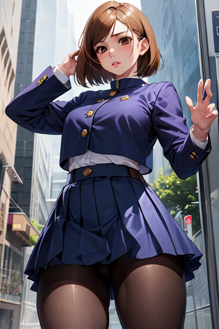 nobara kugisaki, bob cut, (brown eyes:1.5), brown hair, lips, short hair, belt, brown belt, brown pantyhose, crop top, crop top overhang, JUJUTSU TECH UNIFORM, jacket, gakuran, pantyhose, pleated skirt, shirt tucked in, skirt, blue skirt, blue crop top,