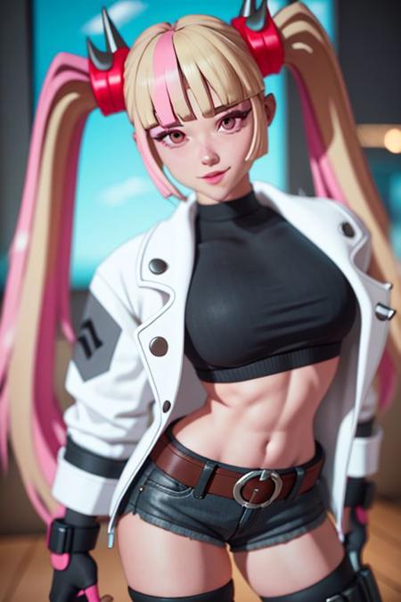 1girl, long hair, blonde hair, twintails, solo, jacket, bangs, spikes, looking at viewer, multicolored hair, pink hair, streaked hair, gloves, blunt bangs, fingerless gloves, black gloves, pink eyes, white jacket, crop top, midriff, smile, upper body, open clothes, belt, black shirt, shirt, breasts, navel, shorts, black shorts, open mouth, closed mouth, hair ornament, blurry, open jacket, thighhighs, thigh strap, medium breasts, horns, v, spiked bracelet, cowboy shot, short shorts