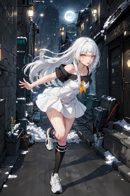 volumetric lighting, bokeh, face focus, complex layering, best shadow, perfect face, moon, dark theme, night, alleyway, running, leaning forward, arms swinging forward, winter, snow, city, (fists:1.3), 1girl, rio, white hair, long hair, blunt bangs, yellow eyes, medium breasts, (white dress:1.3), (sleeveless, off-shoulder:1.2), (thigh cutout:1.2), (black shorts:1.2), sneakers, kneehighs, <lora:DW-000008:0.4>, <lora:RioERLora-05:0.8>