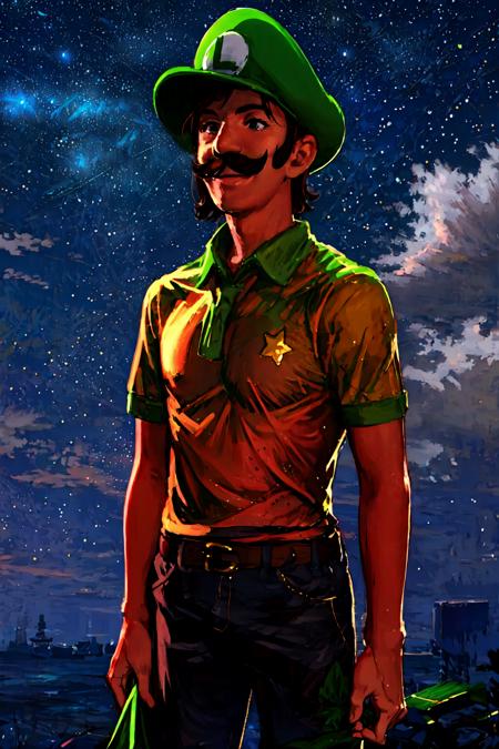 Highly detailed, High Quality, Masterpiece, beautiful, Luigi, <lora:Luigi-09:0.8>, 1boy, solo, smile, cowboy shot, <lora:Style_ThickCoatCG:0.8>, starry, strry light, night, colorful, cloud, star \(sky\), <lora:VFX_lightAndShadow:0.7>