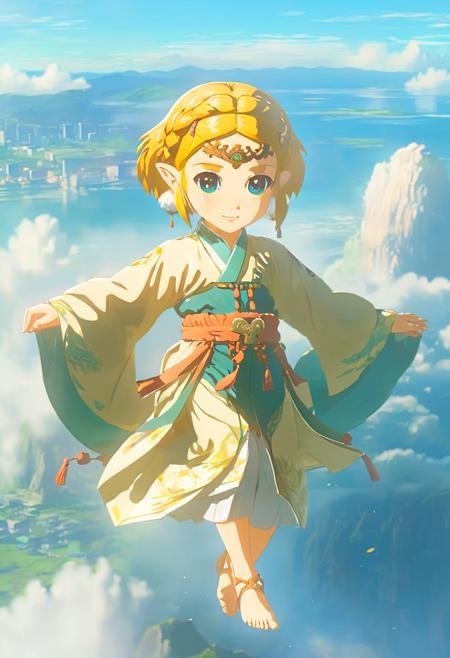 anime artwork cartoon of a (infant:1.5)  girl like totkzelda wearing zonai hanfu floating in the air,1 years old, from above, clouds,short blond hair,hold out a hand,fog,solo,<lora:xl_totkz:0.95>,(full body:1.5),falling down,
detailed background, sunny day, octane render, highly detailed, volumetric, dramatic lighting . anime style, key visual, vibrant, studio anime,  highly detailed