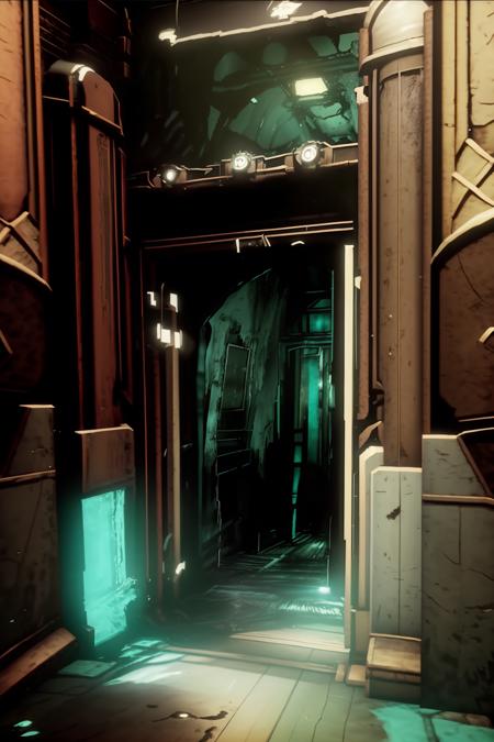 a room with a door and a chair in it , indoors, english text, no humans, scenery, door, light , cinematic from Bioshock game series, rapture