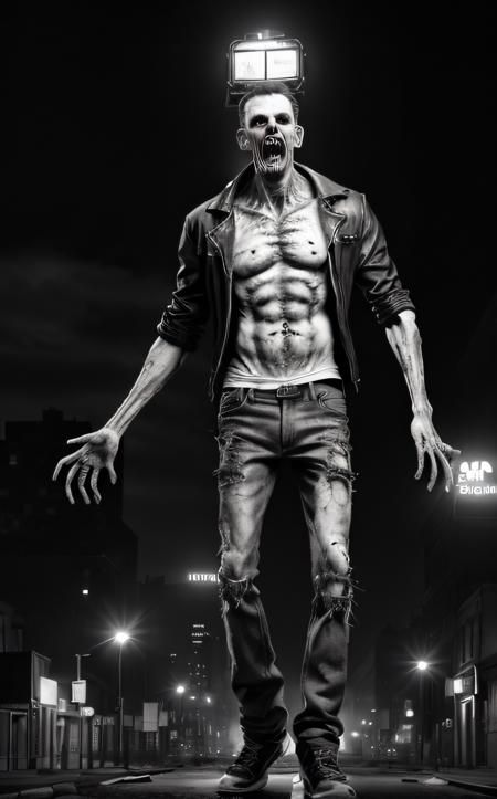 Monochrome (top-quality, 8K, masterpiece:1.3) A photo of a towering, goofy-looking zombie towering over a city street, with mismatched limbs and a comically surprised expression, wearing torn clothes, amidst fleeing pedestrians taken with a wide-angle lens highly detailed, detailed skin, neon city lights
<lora:epi_noiseoffset2:1> . Black and white, contrast, tone, texture, detailed