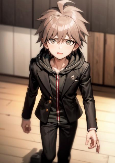 masterpiece, best quality, 1boy, black jacket, hood, ahoge, short hair, brown hair, black pants, <lora:MakonaeA-08:0.45>