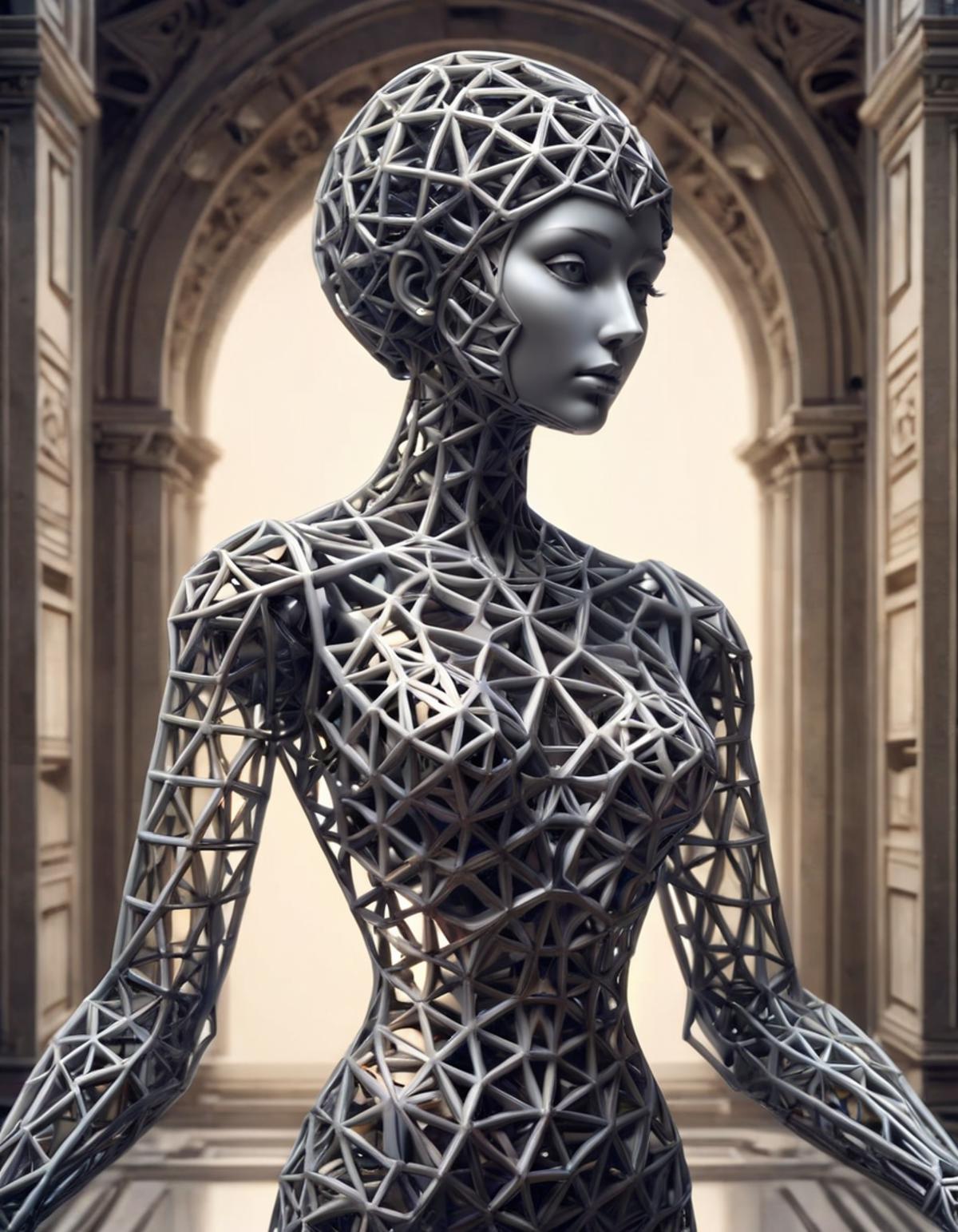 A life-size wire sculpture of a woman wearing a geometric headpiece.