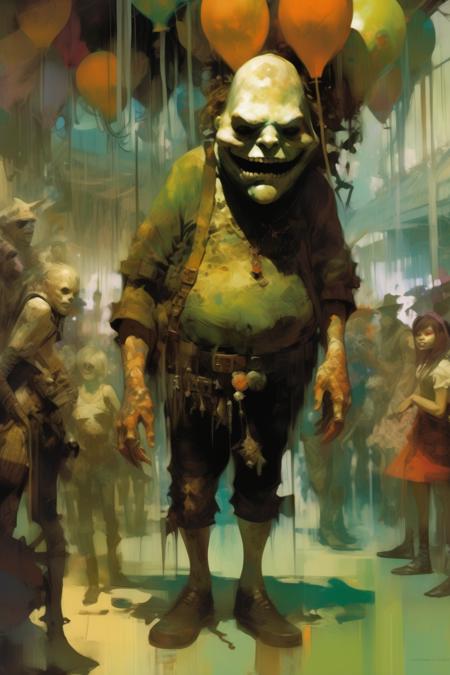 <lora:Craig Mullins Style:1>Craig Mullins Style - In the heart of a carnival, a Cajun swamp mutant emerges from the shadows, its bizarre composition and vibrant colors capturing attention. The influence of Ashley Wood and James Gurney can be seen in the exaggerated perspectives and mischievous charm of the artwork. As the psychedelic atmosphere engulfs the scene, the mixture of absurdity and beauty becomes evident. Step into this peculiar world, where the line between reality and fantasy blurs, and let yourself be carried away by the playful and captivating energy that permeates the air.