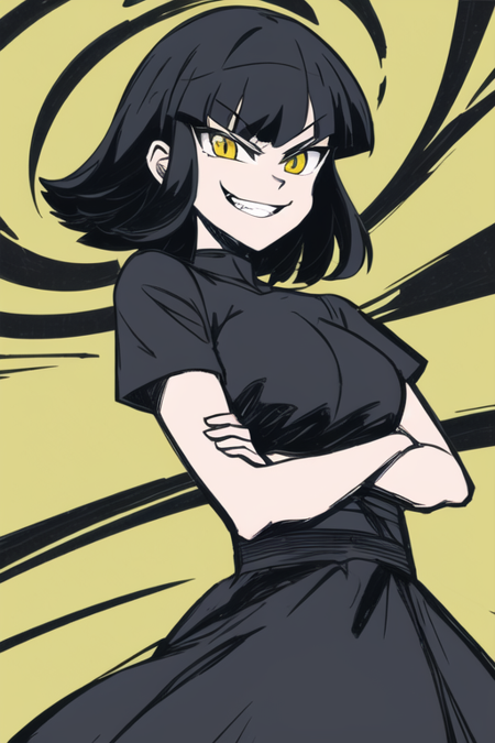 masterpiece, high quality, 1girl, medium long shot, low angle, arms crossed, yellow eyes, black shirt, (smirking), open mouth, short black hair, bangs, looking at viewer, motion
<lora:ttgl-eyecatch-original-000007:0.7>