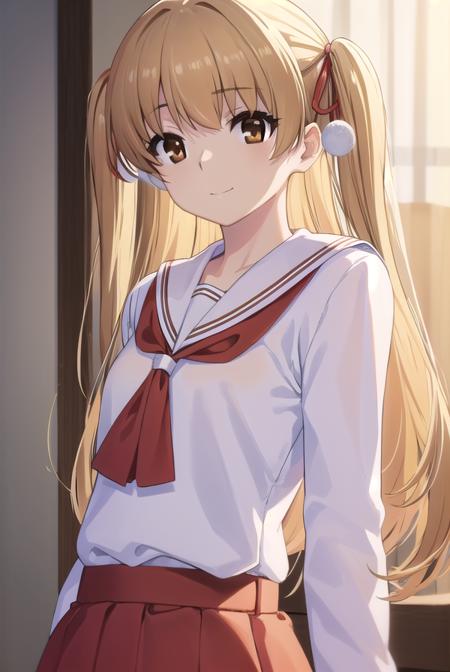 miutakanashi, <lora:miu takanashi s1-lora-nochekaiser:1>,
miu takanashi, long hair, blonde hair, ribbon, twintails, (brown eyes:1.5), hair ribbon, two side up, smile,
BREAK skirt, long sleeves, school uniform, serafuku, white sailor collar, (red skirt:1.2), (white shirt:1.2),
BREAK indoors, classroom,
BREAK looking at viewer, (cowboy shot:1.5),
BREAK <lyco:GoodHands-beta2:1>, (masterpiece:1.2), best quality, high resolution, unity 8k wallpaper, (illustration:0.8), (beautiful detailed eyes:1.6), extremely detailed face, perfect lighting, extremely detailed CG, (perfect hands, perfect anatomy),