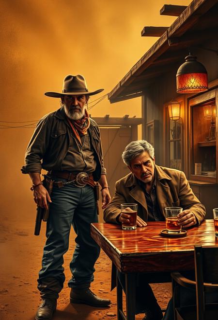 A dramatic and evocative scene capturing the contrasting lives of Pancho and Lefty, set in a dusty, sun-scorched desert town. On one side, Pancho, a rugged and weathered outlaw, stands tall and defiant, his face shadowed by a wide-brimmed hat. His clothing is tattered yet hints at a once vibrant, adventurous life, adorned with a faded bandana and a leather belt worn from years of hard living. His eyes, dark and intense, reveal a life of hardship and rebellion, yet there’s a flicker of vulnerability beneath his hardened exterior.
Across from him, Lefty sits alone at a worn-out table inside a dimly lit, run-down cantina. His posture is slouched, his expression filled with guilt and sorrow, as if the weight of betrayal hangs heavy on his shoulders. He’s dressed in a simple, weathered coat, his hand resting on a glass of tequila, untouched. His face, framed by gray hair, is lined with regret, his eyes distant as he stares out of the cantina’s window, lost in memories of his past decisions.
The tension between them is palpable, even in their separation, with the scene filled with an air of inevitable tragedy. The cantina’s flickering lantern casts long shadows, adding to the somber mood. The dusty wind outside whistles through the cracks, carrying the haunting echoes of Pancho’s final ride and Lefty’s lonely exile.