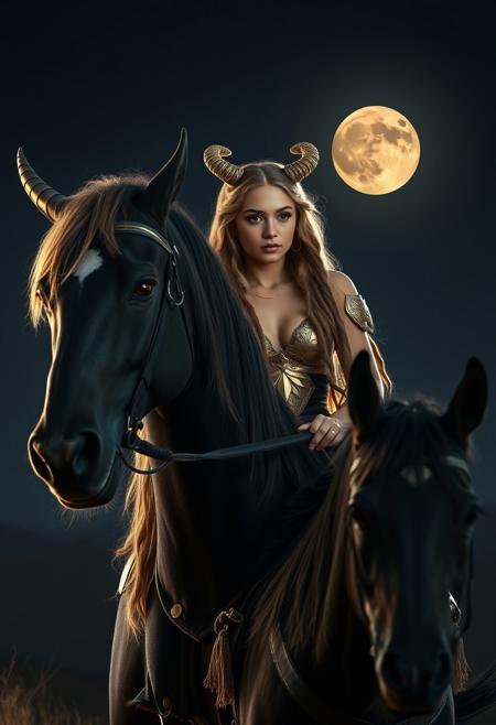 Latina girl, semi pointy ears, golden hair, gold eyes, golden eyes, golden curled horns pointing down, golden horns, dreadlocks, lots of hair, golden dreadlocks, full moon in background, moon shining light on girl, dark background, girl and horse on top of a hill, 
BREAK, 
Dramatic lighting, girl riding black horse, black horse with armor, horse has glowing gold eyes, horse on back 2 legs girl on horses back, girl has gold eyes, horse trotting, girl holding reins,
BREAK,
huge natural tits, sparkling gold bra, girl has skimpy gold armor, horse on hind legs, mystical look
BREAK,
big natural boobs, beautiful face, massive tits, thin waist big ass, massive realistic boobs